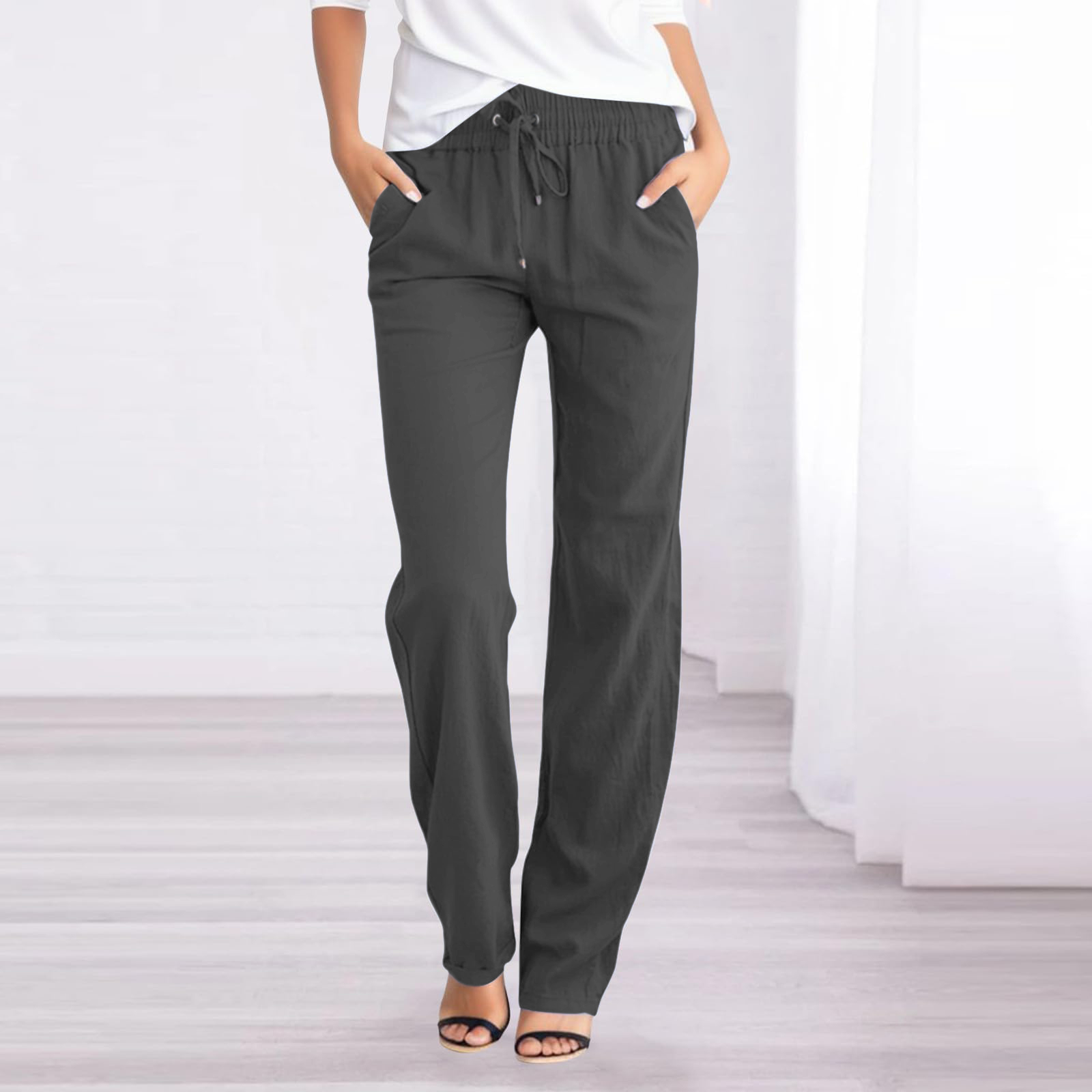 thumbnail image 2 of Pantalones rectos lisos de cintura alta para mujer - Pantalones casuales con cordón elástico - Pantalones largos con bolsillos, 2 of 5